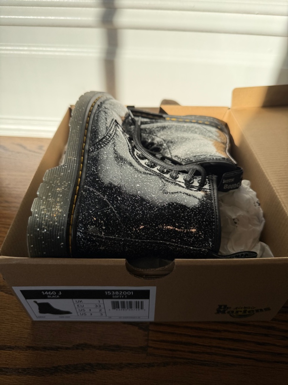Dr. Martens Kids 1460J Black Glitter Lace-Up Boots